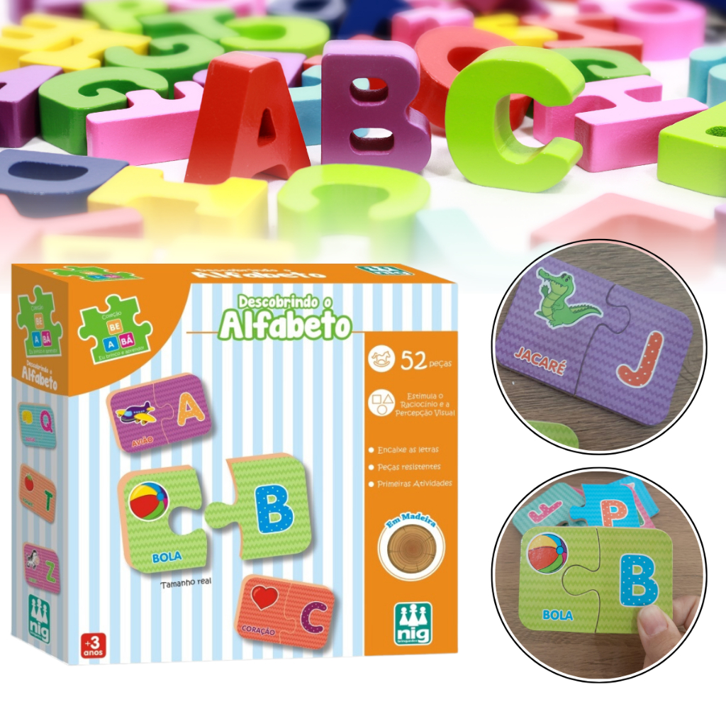 Jogo Pedagógico Descobrindo Letras do Alfabeto Peças Madeira Educativo para  Alfabetização- NIG Br - Nig Brinquedos