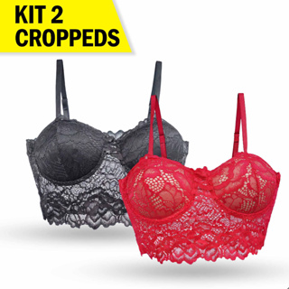 KIT 2 Cropped de Renda Feminino Meia Taça Top Com Bojo Moda