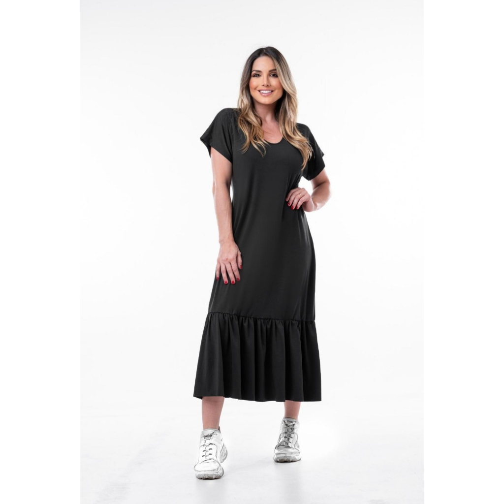 VESTIDO DE MALHA FRIA BABADO A FIO PRETO | Shopee Brasil