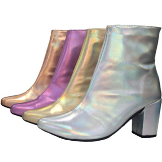 Bota Feminina Metalizada Ultra Conforto Country Holográfico Cano Curto Zíper Salto Grosso Médio Ref. 20/155
