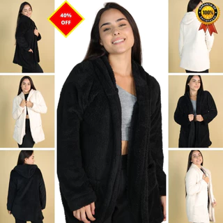 Casaco Teddy Feminino Preto Branco Off Blusa de frio Feminina Longo Bear Pelúcia Jaqueta Ted Com Forro Inverno Casaco de Pele Sintética Promoção