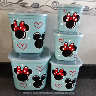 Jogo de mantimentos de plástico quadrado azul Mickey e Minnie pintura