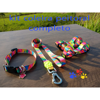 KIT COLEIRA PEITORAL + PESCOÇO + GUIA FITAS DE 15, 20, E 25mm PARA SEU CÃO PET. TAM. P. M. G. GG.