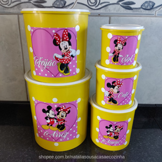 Jogo de mantimentos de plástico redondo amarelo Mickey e Minnie com nomes adesivado