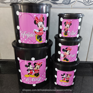 Jogo de mantimentos de plástico redondo preto adesivado Mickey e Minnie fundo rosa tampa preta
