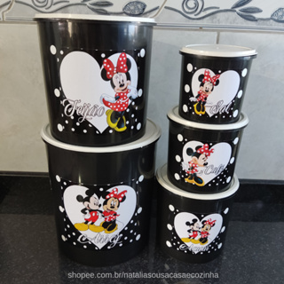 Jogo de mantimentos de plástico redondo preto Mickey e Minnie adesivado