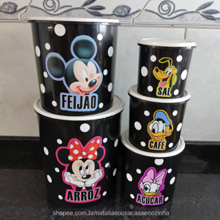 Jogo de mantimentos redondo preto adesivado Mickey e Minnie com bolinhas brancas