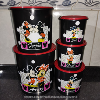 Jogo de mantimentos de plástico redondo preto Mickey e Minnie adesivado tampa vermelha