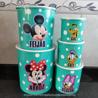 Jogo de mantimentos de plástico redondo verde adesivado Mickey e Minnie com bolinhas brancas