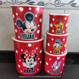 Jogo de mantimentos de plástico redondo vermelho adesivado Mickey e Minnie com bolinhas brancas