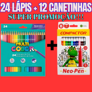 KIT 24 LÁPIS MULTICOLOR +12 Canetinha Hidrográfica 12 Cores Neo-Pen Gigante Compactor