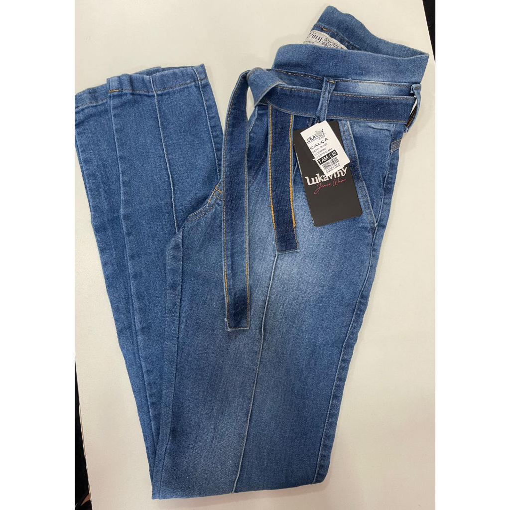 calça jeans feminina veste número detalhe no cós de amarrar com