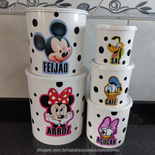 Jogo de mantimentos de plástico redondo branco adesivado Mickey e Minnie com bolinhas pretas