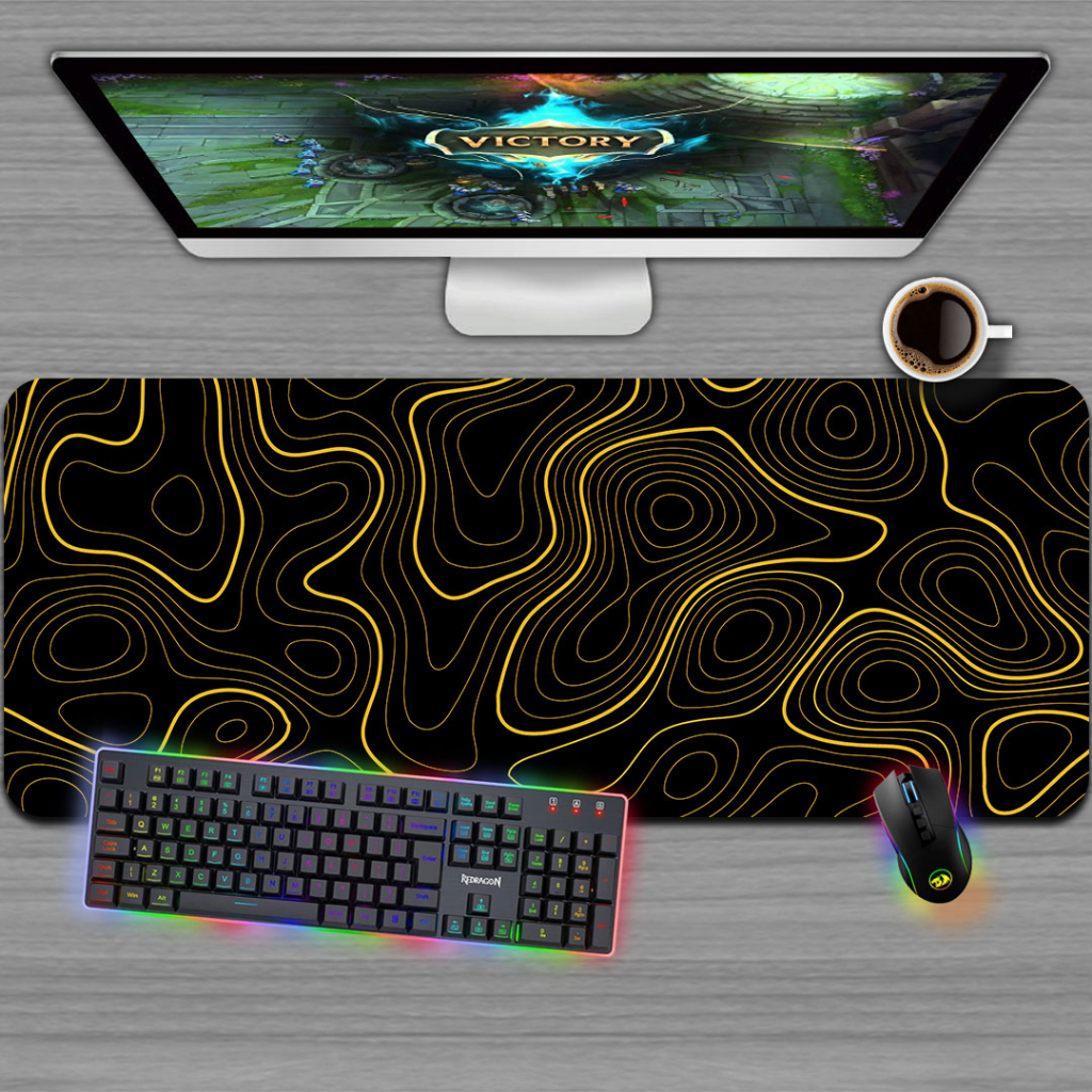 Mousepad Gamer, Tamanhos variados - LINES MAPA ABSTRATO PRETO AMARELO