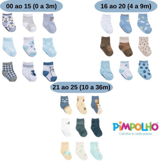 Meia Pimpolho Kit 3 Pares - Tamanhos - 0 a 15 (Sem antiderrapante), 16 á 20 - (Antiderrapante), 21 a 25 (Meia Antiderrapante, 26 a 30 (Sem antiderrapante), 31 a 34 (Sem antiderrapante)