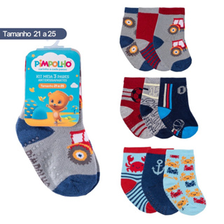Kit 3 pares Meia Infantil com Antiderrapante pimpolho