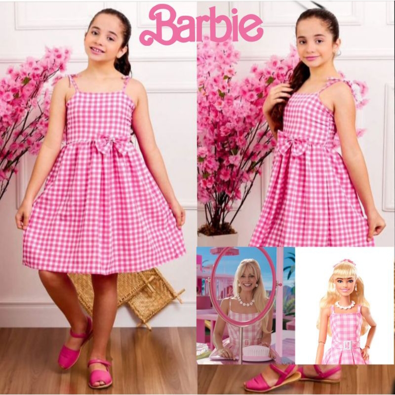 Vestido Infantil Barbie Rosa Branco Xadrez Filme Look Festa no