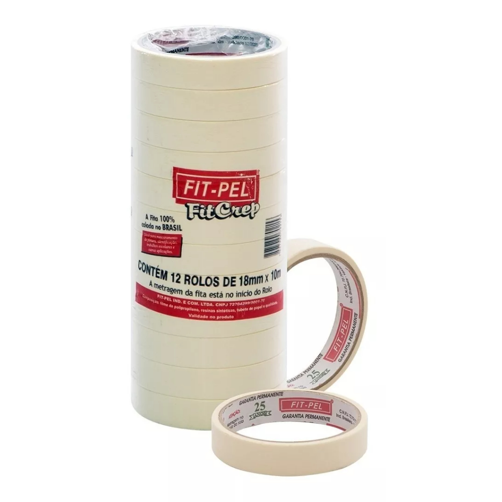 Fita Crepe 18mm X 10m FIT-PEL 12 Unidades Pacote Tattoo Pintura Tipo 3M Adelbras