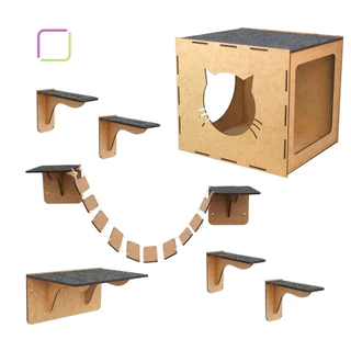 Playground para Gatos 7 Peças Mdf Brinquedo com Carpete Nicho Ponte Prateleira Degrau - Envio Rápido