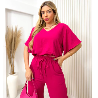 Conjunto Feminino Duna com Calça Wide Leg Pantalona Laço Tendência Barbiecore