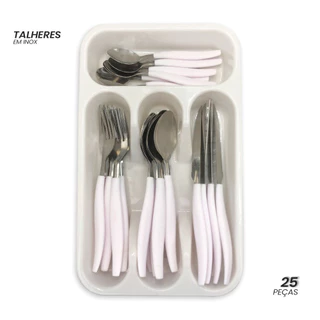 Kit de Talheres Faca Colher Garfo em Inox com Porta Talher para Organizar a Gaveta Cozinha - 25 Peças