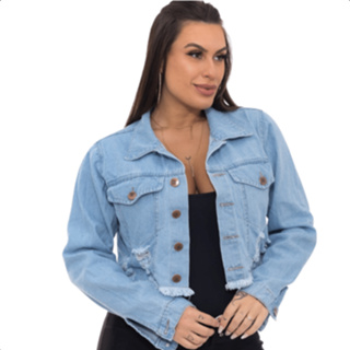 JAQUETA JEANS PREMIUM LUXUOSA FEMININA COM FRANJAS DE CRISTAIS