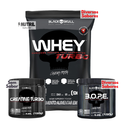 Kit Suplemento Whey Turbo 907g + Creatina 150g + Pre Treino B.O.P.E 150g Bope – Black Skull