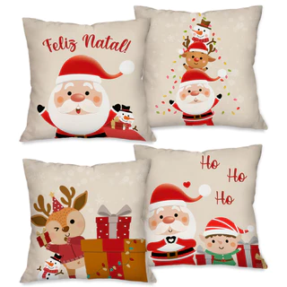 Kit com 4 Capas de Almofadas Decorativas Natal Papai Noel