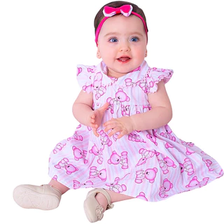 Vestido de Bebê Menina Estampado Ursa Rosa Luxo Com Tiara 2 a 18 Meses 100% Algodão Roupa de Bebê - Luana