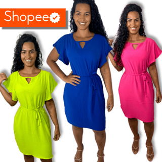 Vestido feminino midi soltinho casual com cinto de amarração tendência moda blogueirinha