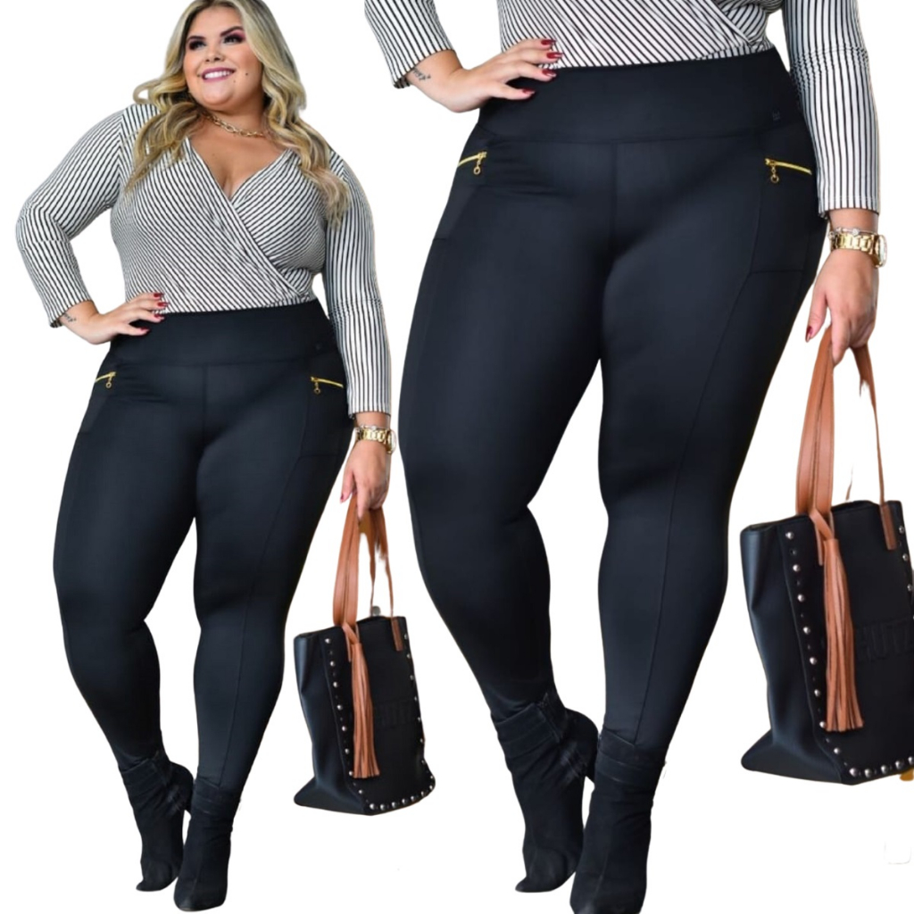 Calças Legging Plus Size Suplex Cintura Alta Com Bolso Ziper Montaria Plus  Size Feminina