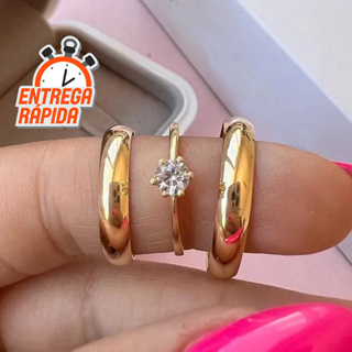 INCRÍVEL Par de Alianças de Casamento Ouro 18K + Anel Solitario Luxo Promoção