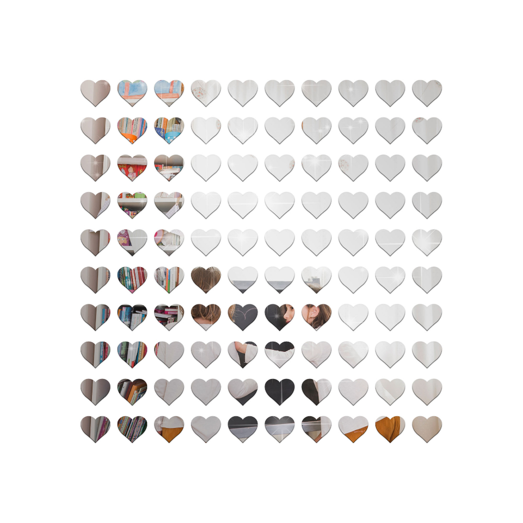 Kit 100 Corações Espelhos Decorativos em Acrílico Quarto Sala Hall