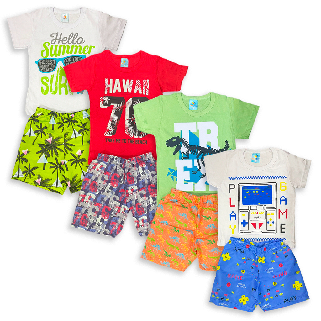 Kit 04 Peças Roupa Infantil Conjunto Menino 2 Camisetas + 2 Bermuda/Shorts Verão Menino