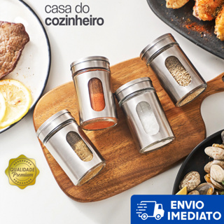 Pote de Vidro para Tempero Condimentos 4 Peças com Suporte em Inox