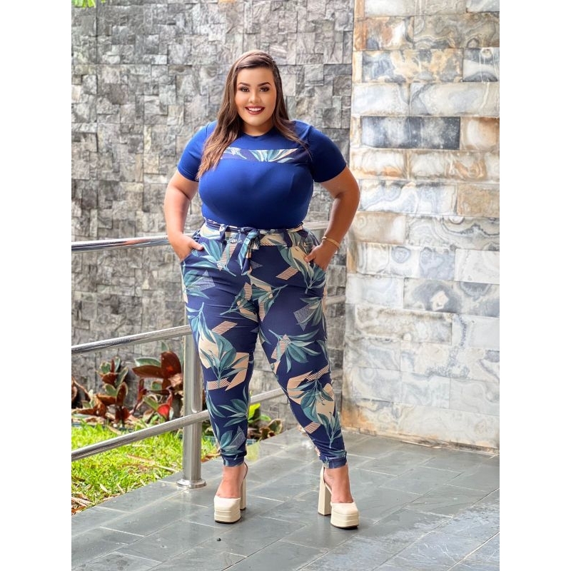 Conjunto de calça e blusa Plus size 46 ao 54 de amarrar calça jogger malha Crepe G1 G2 G3