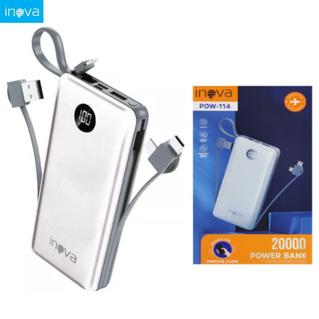 Carregador Portátil 20000mAh Power Bank com Cabo V8 iPhone e Tipo C