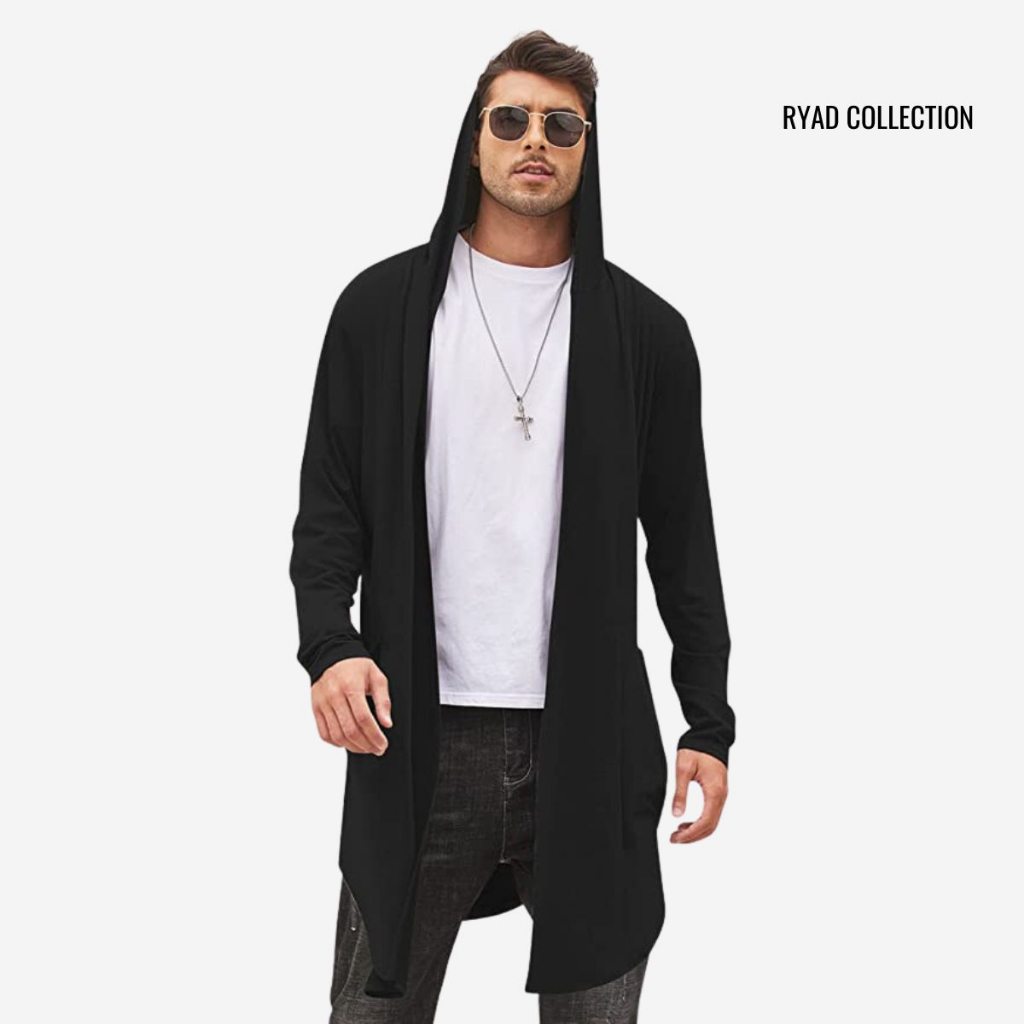 Cardigan Masculino Sobretudo Blazer Estiloso Comprido Casaco Longo com Capuz