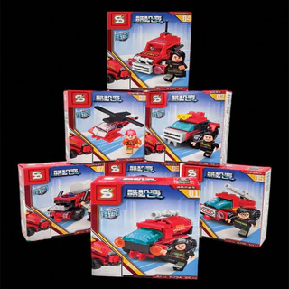 Brinquedo Kit 8 Blocos De Montar 8x1 Com Boneco E veiculo Sistema De Cambate A Incêdio Robô Coleção