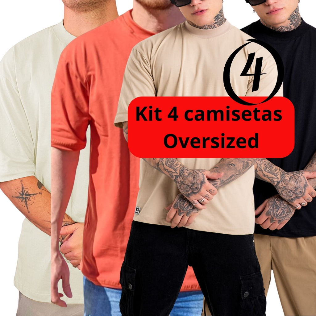 Kit 4 Camisetas Oversized Streetwear Masculina 100% Algodão
