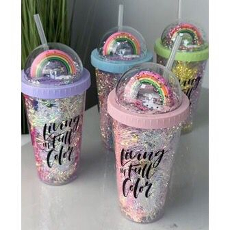 Copo Arco Íris Com LED e Canudo Brilhoso Detalhes na Tampa e Dentro do Copo