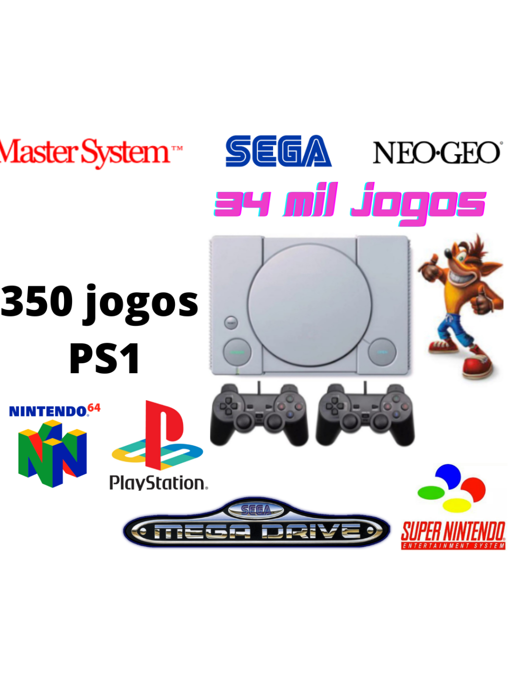 Vídeo Game Retro 34 Mil jogos 64 GB 2 Controles Modelo PS1
