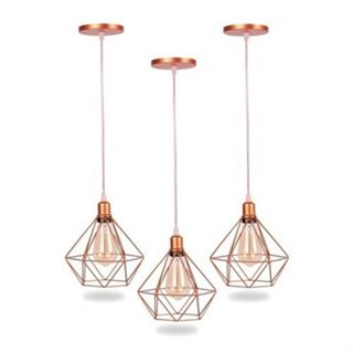 Kit 3 Pendente Aramado Diamante Retro ROSE GOLD FIO CRISTAL cabo de 1M regulavel