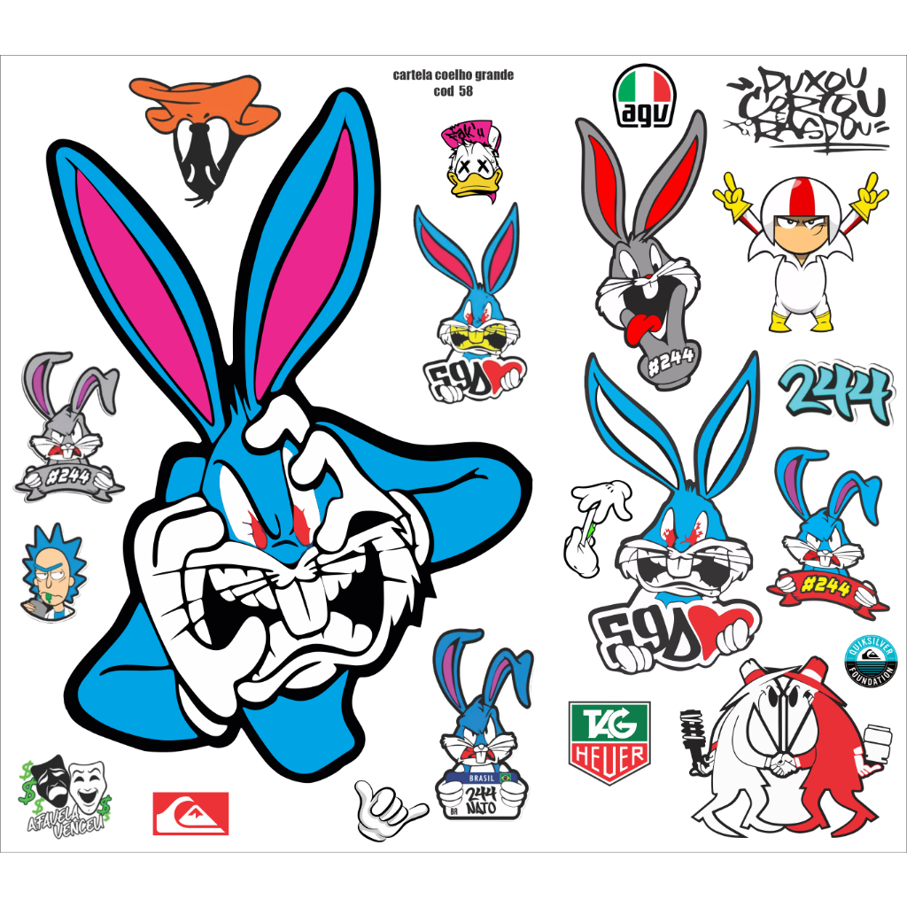 (C21) Mega Cartela Adesivos Coelho Pernalonga para tanque MED 18 x 26 mais 21 adesivos diversos