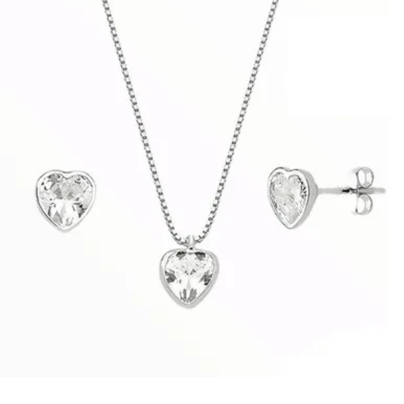 Conjunto Brinco e Colar Prata 925 Ponto de Luz Coração 6mm