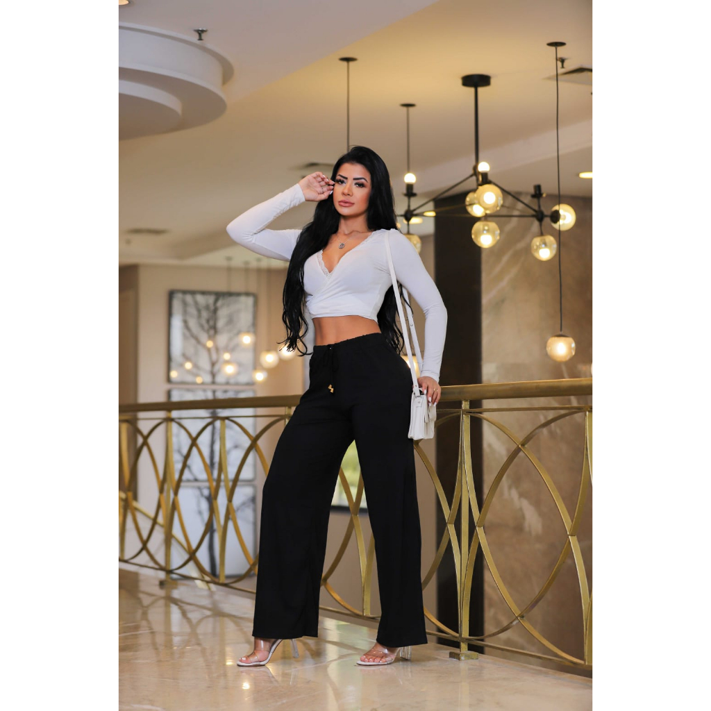 Calça Pantalona Shopping Preta com Fenda Lateral Moda Fashion