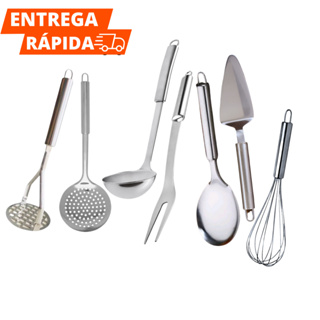 Kit Utensílio De Cozinha 7 Peças De Inox Com Concha De Feijão Escumadeira Para Frituras Garfo Trinchante Churrasco Colher de Arroz Amassador Batata Batedor Ovos E Espátula Bolo Torta Utensílios De Cozinha