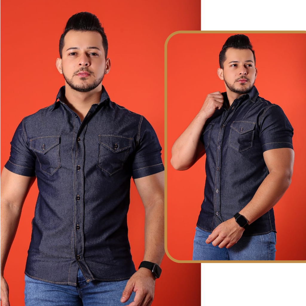 Camisa jeans masculina manga curta 2024 slim fit