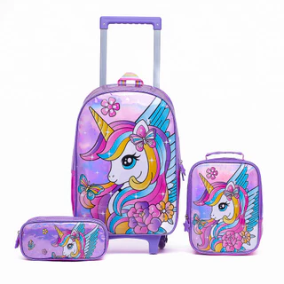 Kit Mochila Rodinha Infantil Unicórnio Menina Lancheira Térmica Estojo Organizador