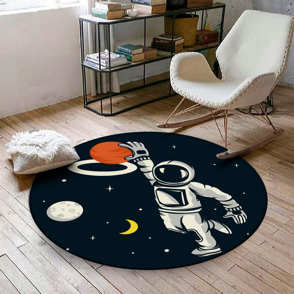 Tapete Redondo 88x88cm Decorativo Antiderrapante Astronauta Basquete